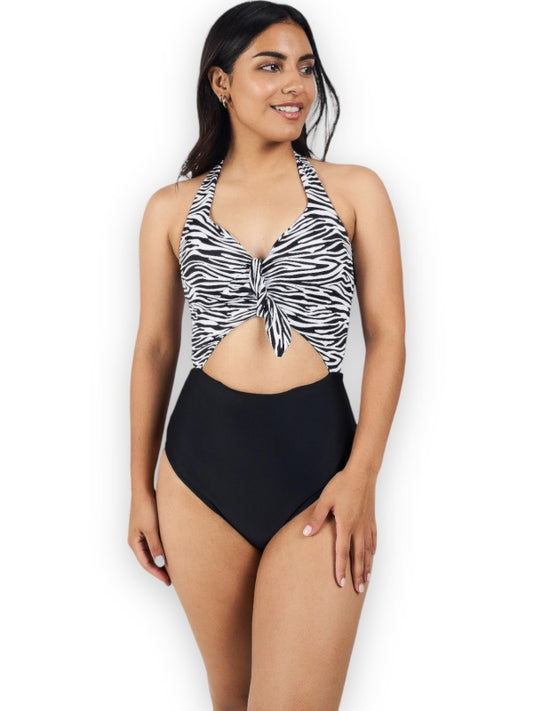 Trikini cintura con copas zebra negro vista frontal amplia